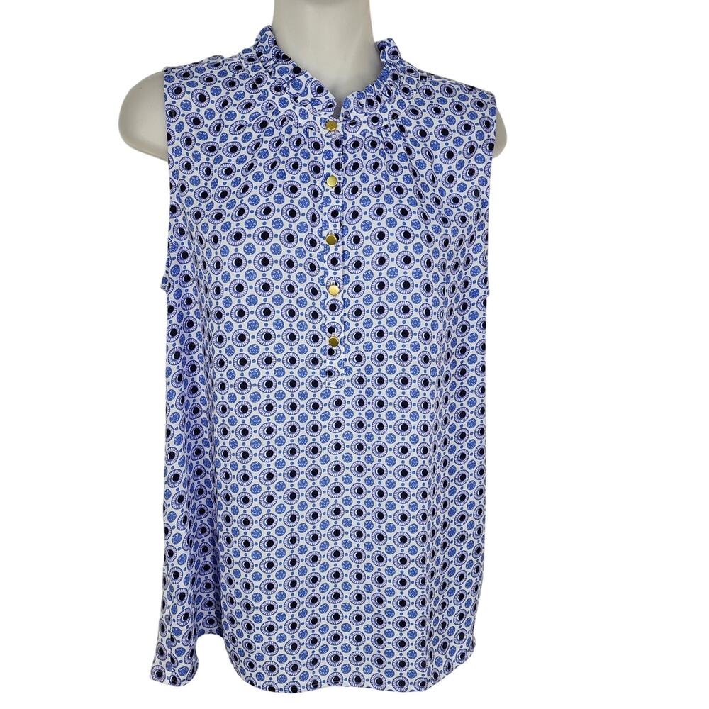 LOFT Blouse Womens Small Blue Geometric Button Popover Ruffle Neck Sleeveless